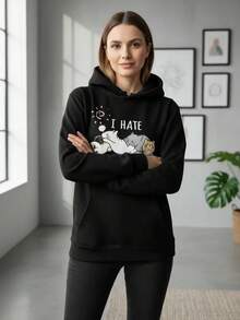 Sudadera con capucha informal con estampado de gatito de talla grande para mujer, para uso diario en casa, estilo deportivo sencillo. - Negro - Ver 5