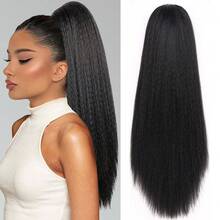 卷曲马尾假发接发爪夹 Yaki 黑色马尾假发接发，适用于卷曲直发夹式马尾假发 - 黑色 - 查看 13