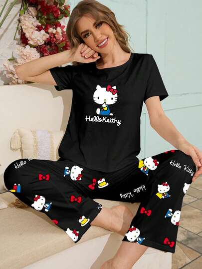 Sanrio Sanrio Hello Kitty Cartoon Sleepwear Set For Women, Casual Loungewear Top And Long Pants Homewear For Spring And Summer
