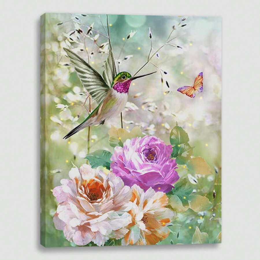 2025 Christmas Canvas Wall Art Print 12" X 16" With Timer | LED Lighted Design - Birds Butterfly Flowers - View 1