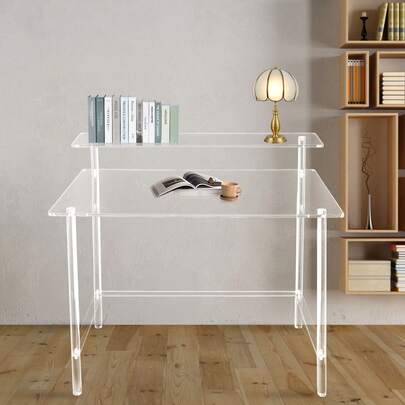 Rainaut 1PCS Freestanding 2-Tier Acrylic Desk, Home Office Desk, Modern Clear Desk For Home, Office, Studio, Living Room, Study Room, And Bedroom,Clear