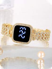 LED Touch Screen Electronic Watch Luxury Rhinestone Digital Bangle Cuff Wrist Watch For Women Girls - Gold - View 2