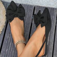 Sandalias de tacón plano con punta afilada y talón abierto para mujer talla grande, con lazo grande que cubre la puntera, para el verano.Zapatos planos de suela lisa - Negro - Ver 3