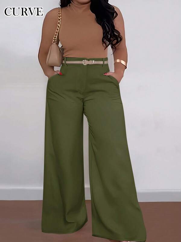 ANCHOSE Plus Size Women High Waist Pocket Design Flare Pants, Casual Loose Fit, Early Autumn