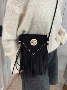 Bolsa Transversal Feminina Com Franjas, Nova Bolsa Transversal Para Outono/Inverno Com Franjas, Bolsa Pequena Quadrada Para Celular E Carteira, Bolsa Feminina Com Detalhes Em Metal E Rebites, Bolsa De Ombro Feminina Para Meninas, Ideal Para Ir Ao Trabalho, Fazer Compras, Fotografar, Presente De Natal, Bolsa Pequena Feminina Popular