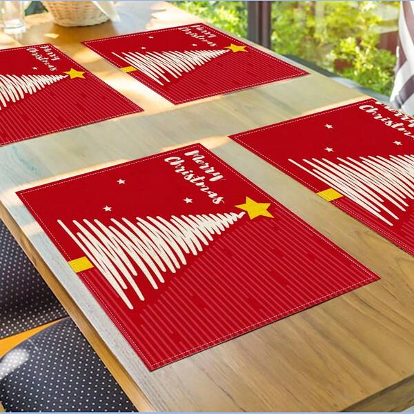 1/2/4/6 Piezas Manteles individuales de árbol de Navidad a rayas blancas, 100% poliéster, rectangulares, aislados, lavables, con temática navideña, adecuados para decoración de mesa de fiesta de Navidad, decoración del hogar, decoración navideña, suministros para fiestas, decoraciones de Año Nuevo