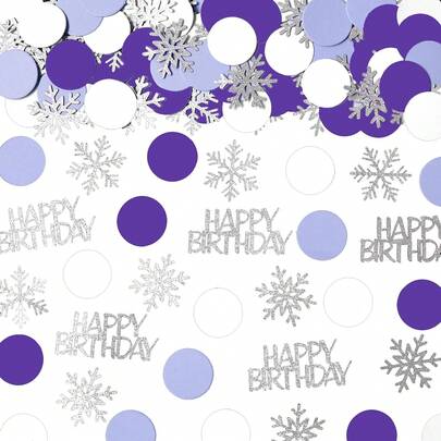 100/200pcs Shiny Purple & Silver Polka Dot Snowflake Happy Birthday Confetti, Themed Birthday Table Confetti, Suitable For Winter Wonderland Birthday Party Decoration