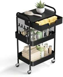 Carrito Rodante de 3 Niveles con Cajón, Estructura Metálica con Ruedas y Tablero, Organizador de Almacenamiento Multiusos para Sala de Estar, Oficina y Recámara, Color Negro - Blanco - Ver 8