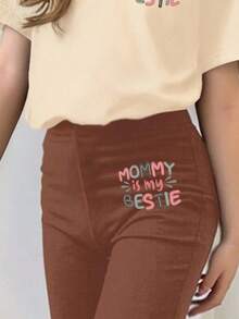 Toddler Girls' Letter Print Short Sleeve Top And Skinny Flared Pants Set - Apricot - View 4