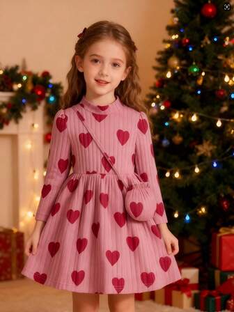 Young Girls' Round Neck Heart Knitted Red A-Line Long Sleeve Dress + Crossbody Bag, Suitable For Casual Outings, Daily Wear, Holidays, Parties, Weddings, Thanksgiving And Other Occasions, Spring/Autumn