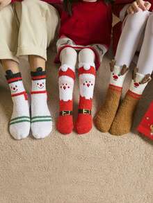 1Pair Women Fuzzy Socks, Cartoon Santa Claus, Elk And Snowman Patterns Mid-Calf Socks Thick Warm Comfortable Christmas Party Gifts Women Socks - Multicolor - View 2