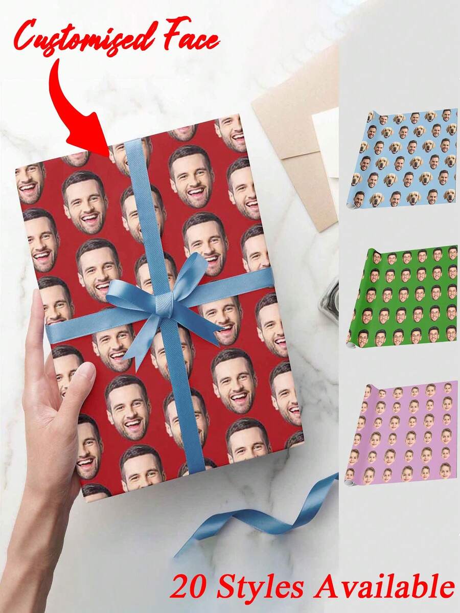 Personalisiertes Geburtstags-Geschenkpapier - Foto hochladen, wiederholtes "Alles Gute zum Geburtstag" Design, personalisierte Geschenkverpackung, hochwertige Papierqualität für Partydekoration & Andenken, Geburtstagsdekoration, personalisiertes Geschenkpapier, anpassbares Papier, Geburtstagsfeier - Verschiedenfarbig - Übersicht 1