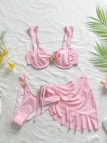 3 件套纯色褶皱分体泳衣套装，配有可调节宽肩带和钢圈设计，为女性带来舒适支撑，打造时尚海滩风格，非常适合夏季海滩和泳池派对 - 粉色 - 查看 2