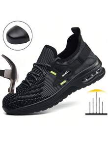 Sapatos de masculinos, botas de trabalho pretas de cano baixo com biqueira de aço leve, botas esportivas respiráveis para atividades ao ar livre, sola acolchoada em TPU, confortáveis para todas as estações, adequadas para caminhadas, trekking e proteção em canteiros de obras. - Preto - Ver 2