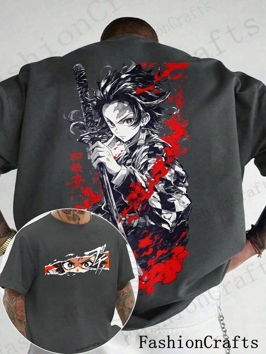 Cotton Men's T-Shirts, Double-Sided Printed Anime T-Shirts, Character Shirts, Anime Fan Gifts, Knitted Pullover T-Shirts, Comic-Style Anime Pattern T-Shirts, Casual Men's Clothing, Street Style Fashion | Exquisite Design |   Loose And Comfortable |   Easy To Match | - 灰色 - 查看 1
