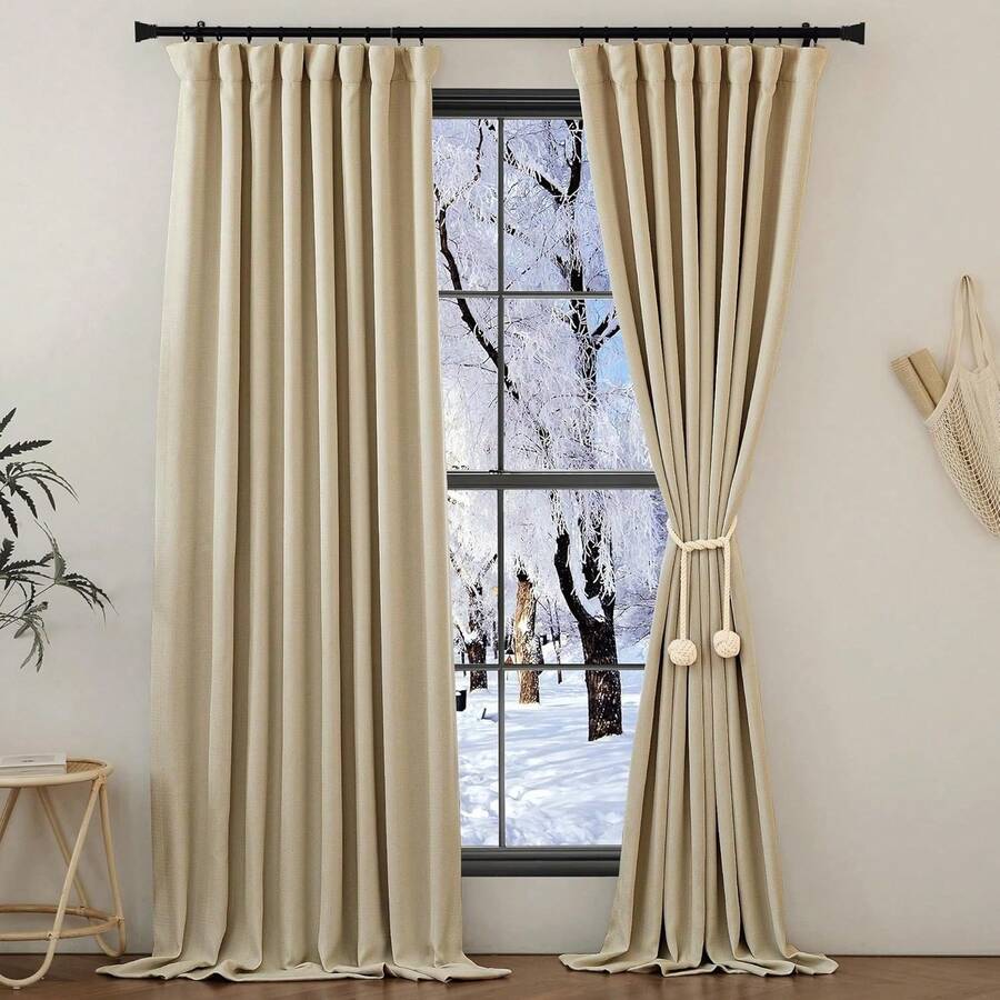 2025 Bedroom Curtains 2 Panels Sets Faux Linen Textured, Pinch Pleated Room Darkening Light/Heat Blocking Window Drapes Thermal Insulated For Living Room, Angora, W50 X L108, 2 Panels - 麥片 - 查看 1
