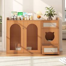 Modern Cat Furniture, Cat House, Multi-Purpose Cat House With Litter Box Area, Feeding Area And Storage, Walnut Look, Perfect For Living Room Bedroom - 棕色 - 查看 3