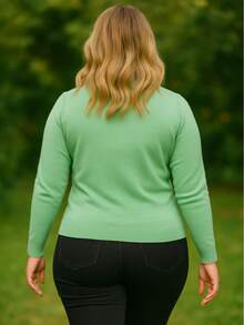 Women's Plus Size Cold Weather Blouse | Plus Size Elastane Blouse | Basic Plus Size Round Neck - 水綠色 - 查看 3