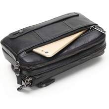 Bolso de mano de piel auténtica unisex, bolso de mano, bolso de mano, bolso para teléfono celular, Mediano Negro - 1 - Ver 6