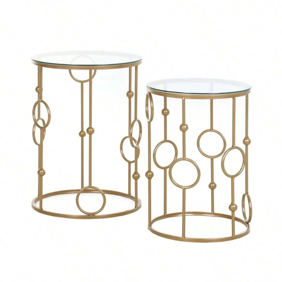 HOMCOM 2-Piece Coffee Table Set, Side Table With Glass Top, Living Room Table With Wheel And Ball Design Ø41 X 57, Gold On Site - 1 - View 1