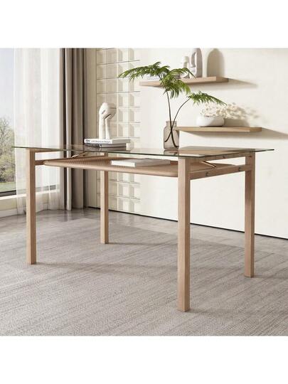 Dining Tafel Storage, 110*65*74, Tempered Glass Top, Rattan Moderne Table, Rectangular Leisure Coffee Beige view 6