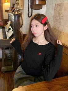 女士优雅韩版灰色刺绣长袖针织上衣，弹力设计，秋/春季黑色 - 黑色 - 查看 4