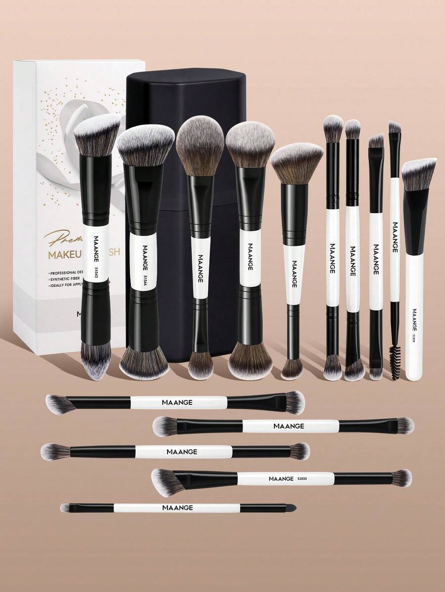 MAANGE 15件套专业化妆刷套装，带收纳盒，便携式旅行化妆刷套装，包含腮红刷、粉底刷、眼影刷、睫毛刷、眉刷、唇刷、修容刷、散粉刷、高光刷、晕染刷、鼻刷、遮瑕刷，适合旅行、居家或户外使用，是送给朋友、女性和女孩的理想礼物。