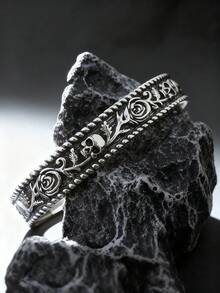 1pc Vintage Adjustable Skull & Rose Floral Carving Bracelet, Rockstar/Casual Style For Men - Antique Silver - View 2