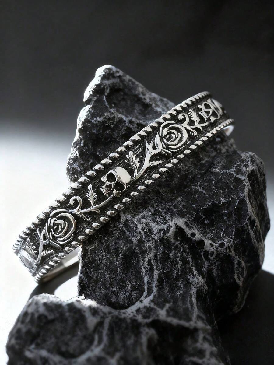 1pc Vintage Adjustable Skull & Rose Floral Carving Bracelet, Rockstar/Casual Style For Men