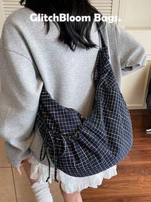 Fashionable Niche Design High-Quality Plaid Drawstring Dumpling Bag, Versatile Daily Commute Shoulder Crossbody Bag - Blue - View 3