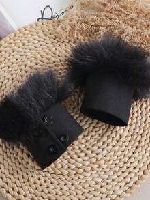 1 Pair Fabric Faux Fur Trim Button Decor Flared Cuff - Black-151 - View 2