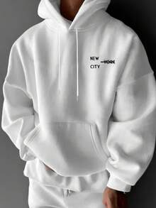 男士纽约布鲁克林城市元素印花抓绒连帽衫，街头风，秋冬款，长袖上衣 - 白色 - 查看 3