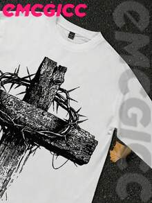 EMCGICC Jesus Y2k Long Sleeve Shirt, Urban Art Punk Graphic T-Shirt Cotton 250g, Preppy Lettering Fashion Hip Hop Men's Long Sleeve T-Shirt, Fun Vintage Shirt, Regular Fit, Wild Bloom Street Style, Digital Print, Ideal Gift - 白色 - 查看 4