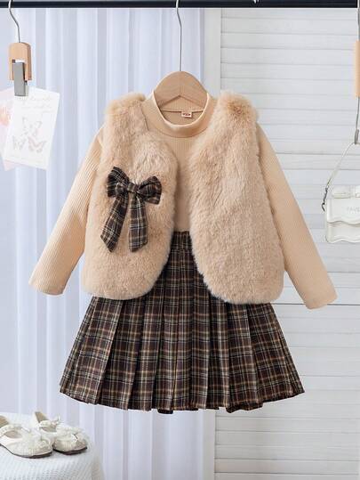 Conjunto informal y lindo de 3 piezas para niñas: Camiseta deunicoloro + Chaleco con lazo y peludo + Falda plisada a cuadros