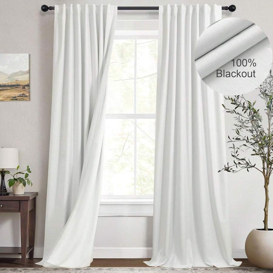 Cream Linen Blackout Curtains 84 Inch Long 2 Panel Set, Thermal Insulated Light Blocking, Neutral Rustic Farmhouse Style, Ivory White, 2025 - Ivory - View 1