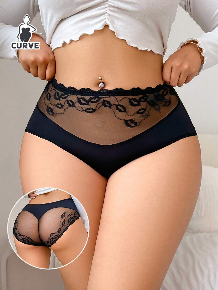 Celana Dalam Renda Ukuran Plus Wanita, Nyaman, Bernapas, Tidak Mencolok - Hitam - View 1