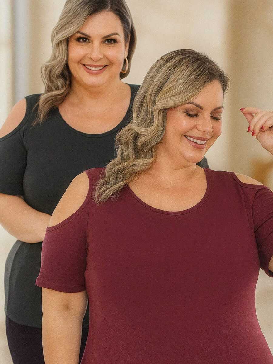 2 PIECE KIT PLUS SIZE OPEN SHOULDER BLOUSE IN VISCOLYCRA CASUAL CONTEMPORARY - PRETO/VINHO - 查看 1
