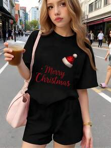 Ropa para niño,Camiseta navideña para niños y adolescentes con estampado "Merry Christmas" y gorro de Papá Noel, transpirable, suave y cómoda, fabricada en puro algodón, ideal como regalo navideño y para la Fiesta de Nuestra Señora de Guadalupe, dentro de la ropa de niña, camisetas de niña, tops para adolescentes y opciones de regalos navideños - Negro 5 - Ver 1