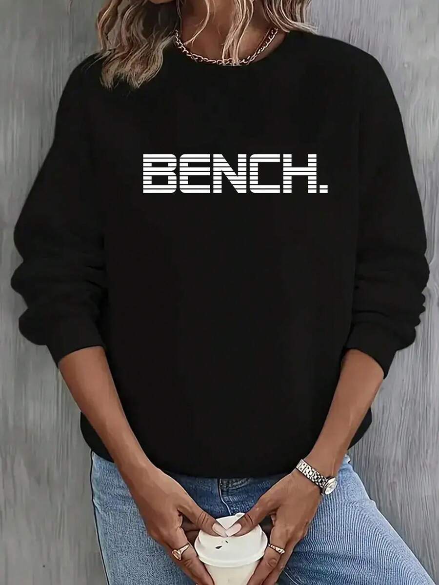 Women's Y2K Style Burgundy Sweater With Bold White 'Bench' Letter Print - Long Sleeve Crew Neck Pullover Sweater With White Cuffs And Hem, Suitable For All Seasons Casual And Semi-Formal Wear, Layerable (Machine Washable) - Minimalist Aesthetic, Y2K Fashion Letter Print Sweater, Fashionable And Comfortable, Suitable For Layering Or Wearing Alone, Elegant Modern Design With 'Bench' Letter, High-Quality Women's Winter Sweater, Oversized Sweater, Women's Winter Sweatshirt, American Women's Sweater, Embroidered Sweatshirt 2025 - 黑色 - 查看 1