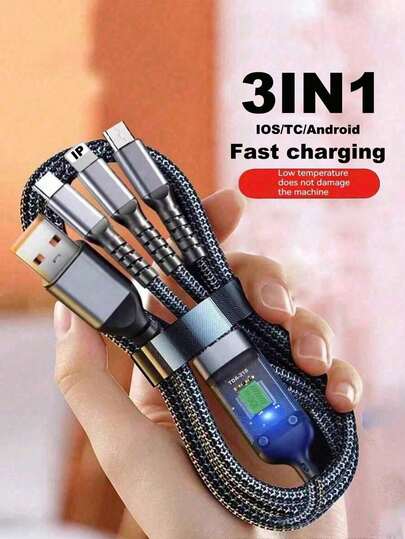 3-In-1 Charging Cable, Transparent Luminous Nylon Braided Fast Charging & Data Transfer Cable