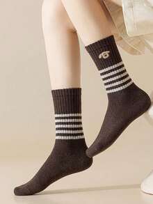 5 Pairs Women's Cute Puppy Jacquard Warm Striped Mid-Calf Socks, Breathable For Autumn/Winter