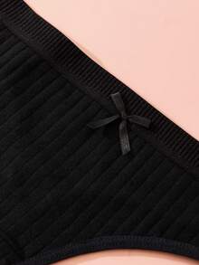 5条装女士低腰罗纹丁字裤，可爱蝴蝶结设计，优雅成熟浪漫法式内衣，轻盈柔软舒适，日常旅行礼物/圣诞内衣 - 黑色 - 查看 5