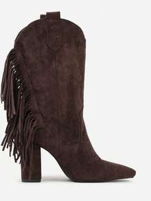 Cowboy Boots With Fringe Heels For Daily Wear - Brown - View 3