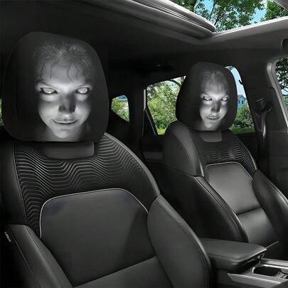 2pcs Portrait Print Car Headrest Covers, Universal For Long Trips, Washable & Durable, Fashionable Seat Protector Pads Fit For Sedan, Truck, SUV, Easy To Install