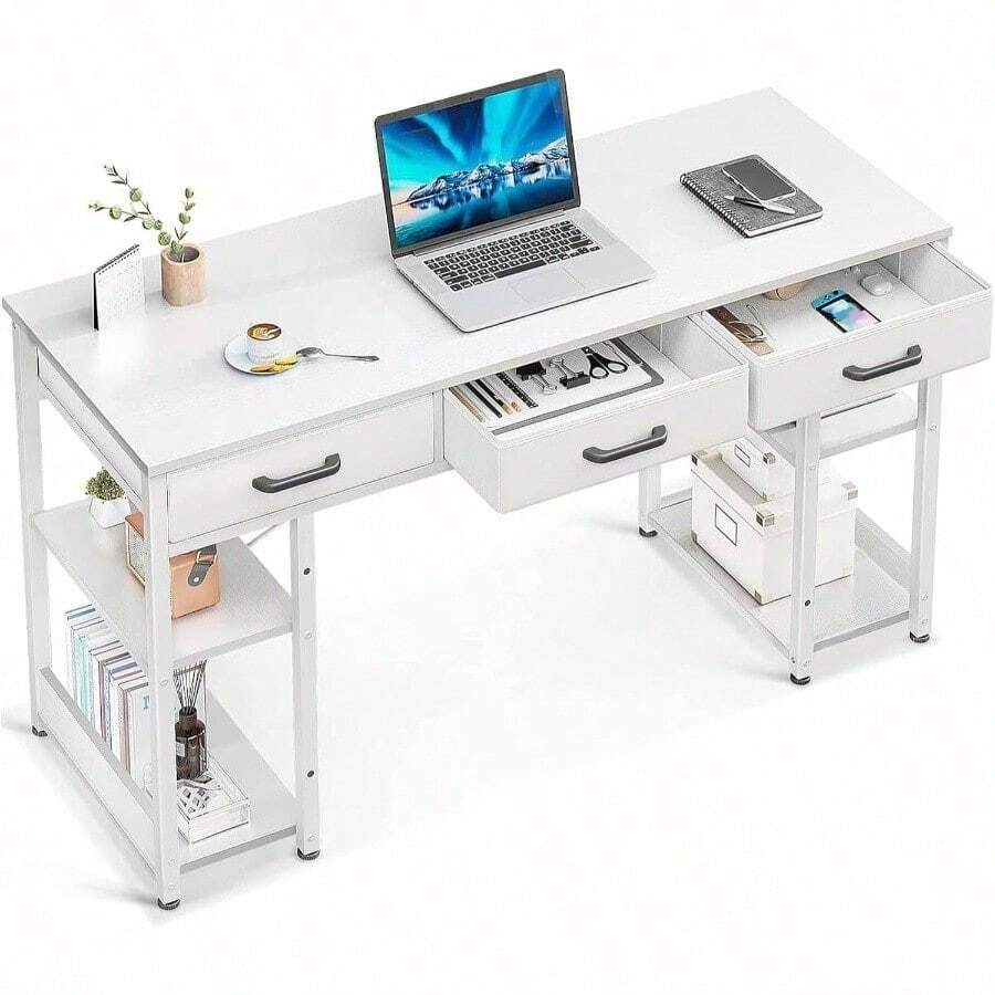 Office Small Computer Desk: Home Table With Fabric Drawers Storage Shelves, Modern Writing Desk, White, 48x16 - Trắng + 48 inch - Xem 1