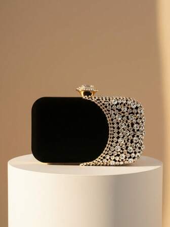 小巧金色水钻镶嵌晚宴手拿包，金属手柄派对手提包，婚礼新娘钱包，链条单肩包