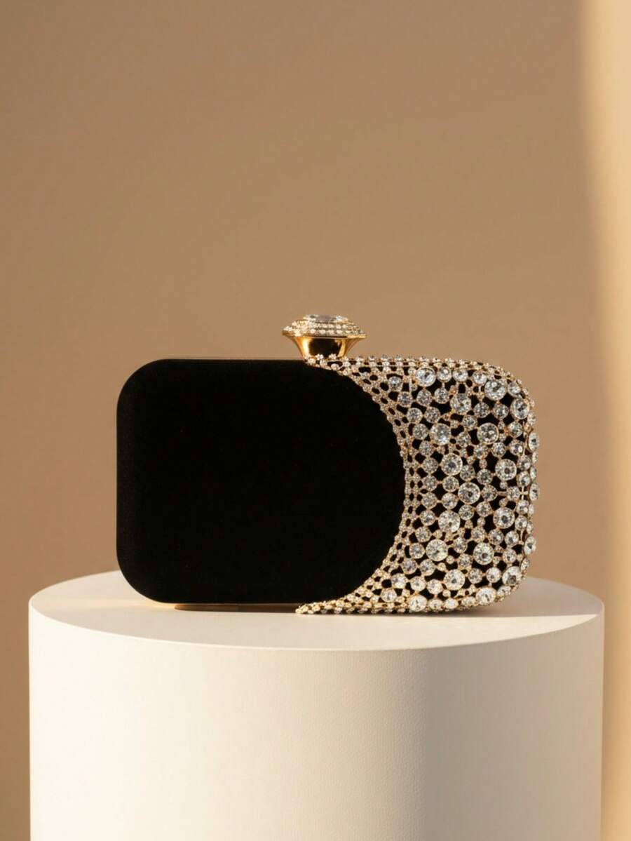 Small Gold Rhinestone Embellished Evening Clutch Bag, Metal Handle Party Handbag, Wedding Bridal Purse, Chain Shoulder Bag