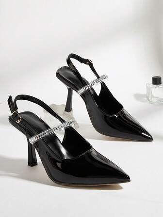 Black Glossy Rhinestone Decor Pointed Toe Stiletto Heel Women's High Heel Pumps, Versatile For Daily Wear, Banquet, Party