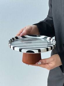 1pc Classic Retro Ceramic Striped Tray, Nordic Minimalist INS Style Classic Striped Pedestal Serving Plate, Suitable For Photography Shooting, Afternoon Tea Snacks & Desserts, Party Gatherings, Bedroom Jewelry Storage Tray - 彩色 - 查看 13