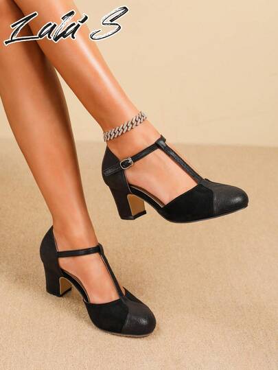 Women's Vintage Elegant Velvet Glitter T-Strap Chunky Heel Mary Jane Shoes, Suitable For Party/Wedding/Christmas/Office Commute/Business Etiquette, Spring/Summer/Black High Heels/Pair With Dresses/Ballet/Latin Dance